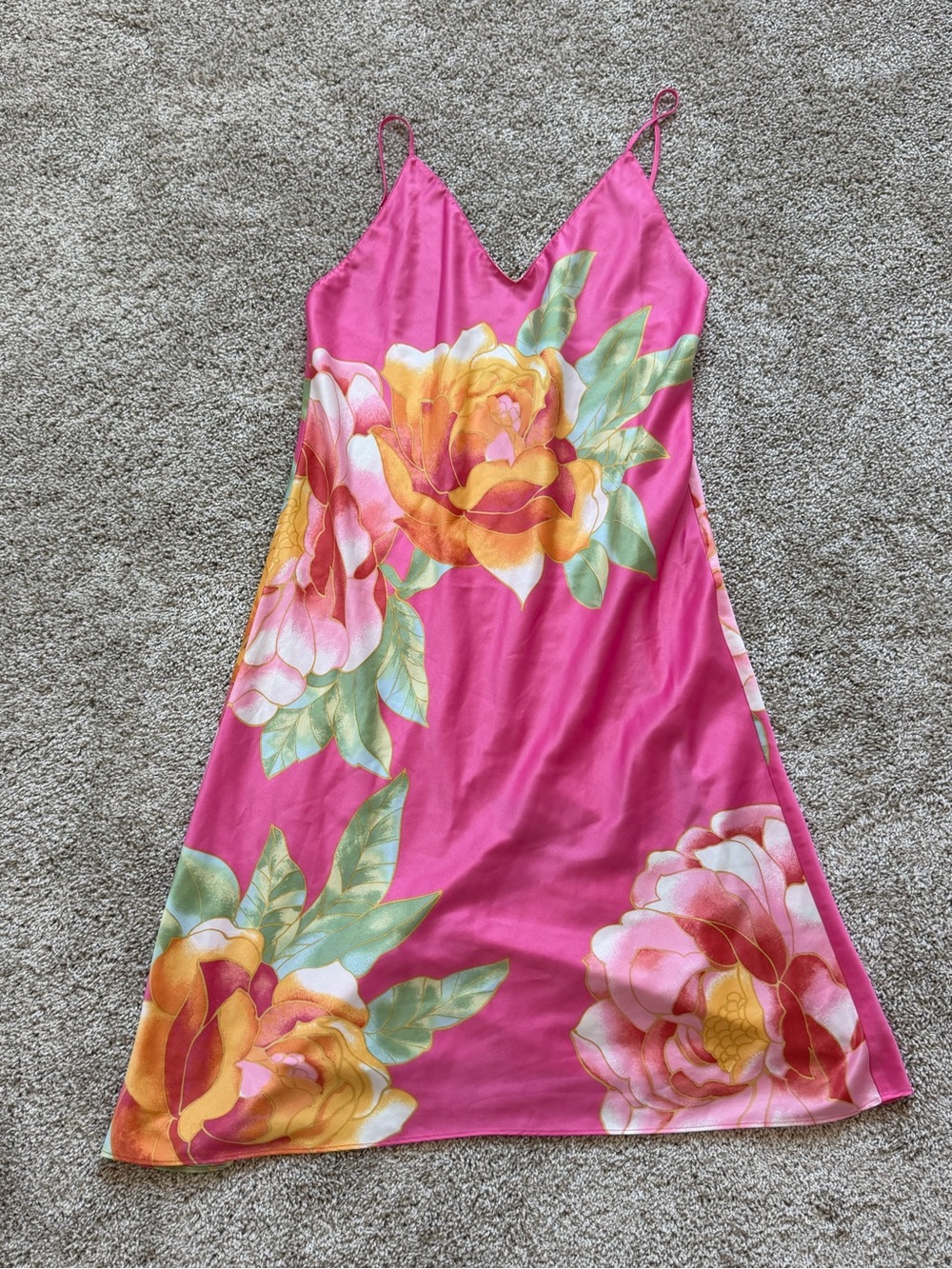 Natori Pink Floral Slip Dress with Bold Rose Print size small